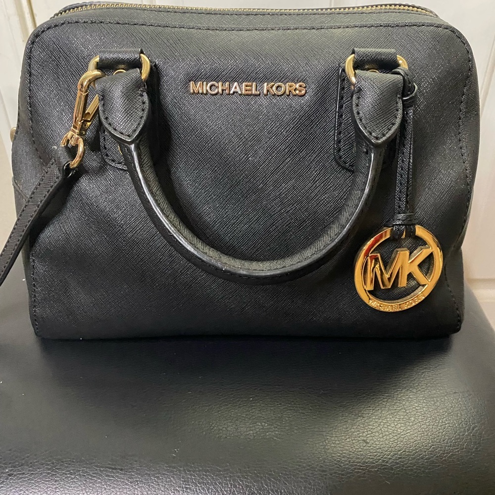 Michael Kors Black Satchel with Gold Accents with free MK bracelet